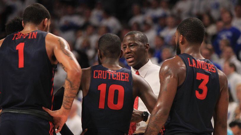 Dayton’s Anthony Grant talks to the team during a timeout against Saint Louis on Friday, Jan. 17, 2020, at Chaifetz Arena in St. Louis, Mo. David Jablonski/Staff