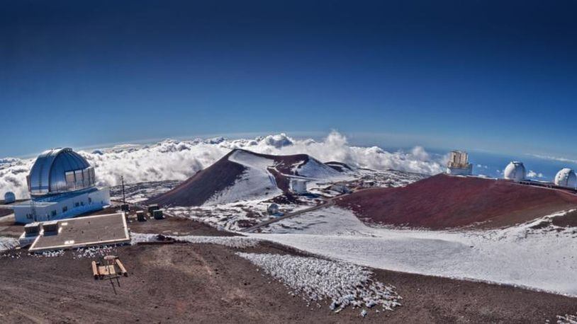 Mauna Kea is the home of the world’s largest astronomical observatory, where telescopes are operated by astronomers from 11 countries. An unusually early dusting of snow has covered the top of the dormant volcano.