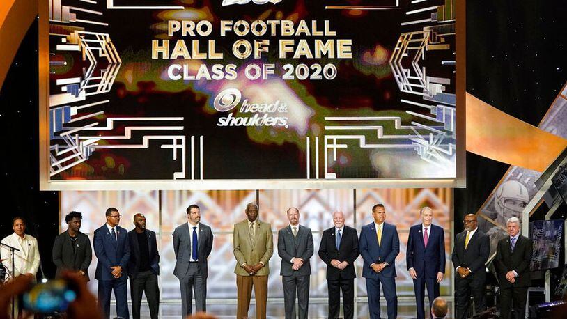 Hall of Fame Class of 2020, stand on stage at the NFL Honors football award show Saturday, Feb. 1, 2020, in Miami. (David J. Phillip/AP)