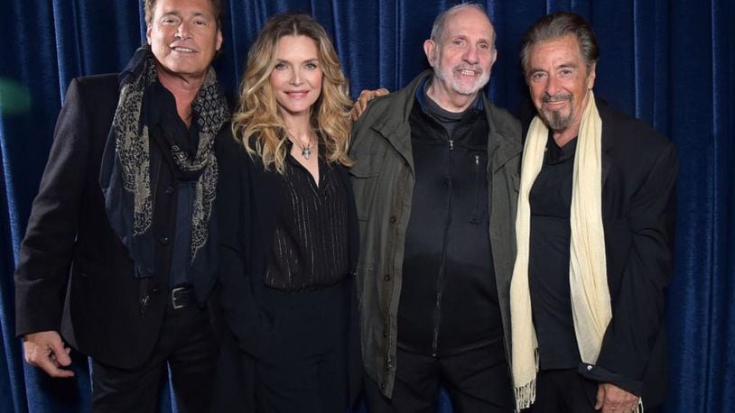 Steven Bauer, left, Michelle Pfeiffer, Brian De Palma and Al Pacino attended the "Scarface" 35th Anniversary cast reunion at the Tribeca Film Festival in New York,