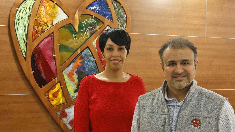 Dr. Muhammed Ashraf and heart attack survivor LaTeisha Pope at the Springfield Regional Medical Center Friday, Feb. 9, 2024. BILL LACKEY/STAFF