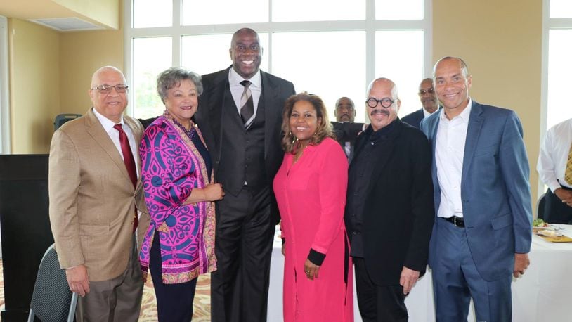 From left, Dr. James Hammond, CSU President Cynthia Jackson-Hammond, NBA legend Earvin “Magic” Johnson; actress and radio personality Sybil Wilkes, nationally syndicated radio host Tom Joyner and CSU Vice President Jahan Culbreath on Friday at Central State. Horace Dozier/CONTRIBUTED