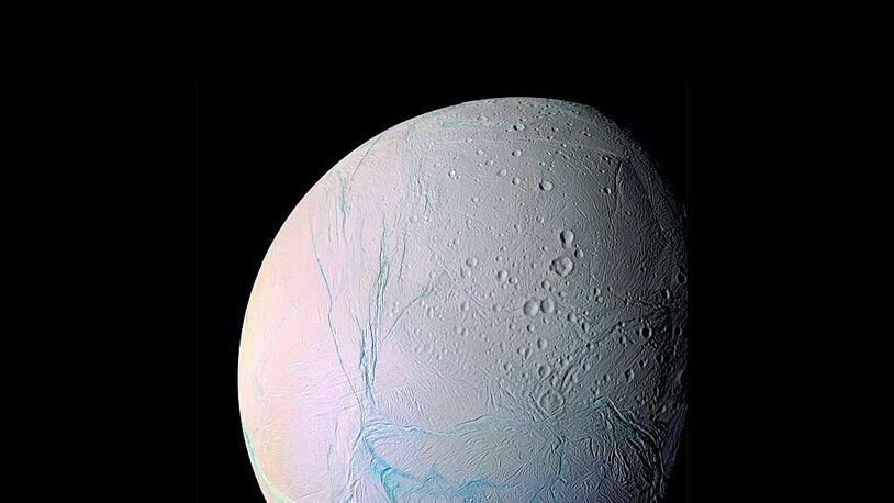 Photograph showing the cracks in Saturns moon, Enceladus, taken by the Cassini spacecraft. Dated 2005. (Photo by: Universal History Archive/UIG via Getty Images)