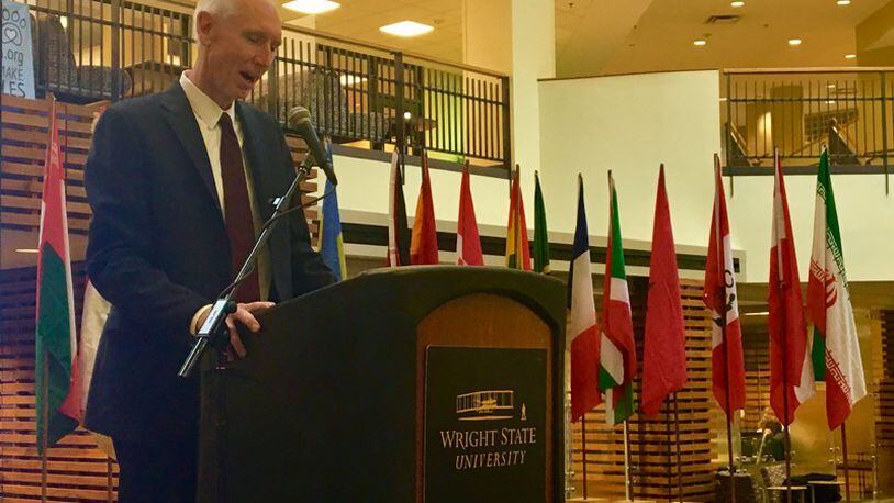 Wright State University provost Tom Sudkamp speaks at an international student celebration in November. WSU has seen a decline in international student applications of nearly 50 percent overall.