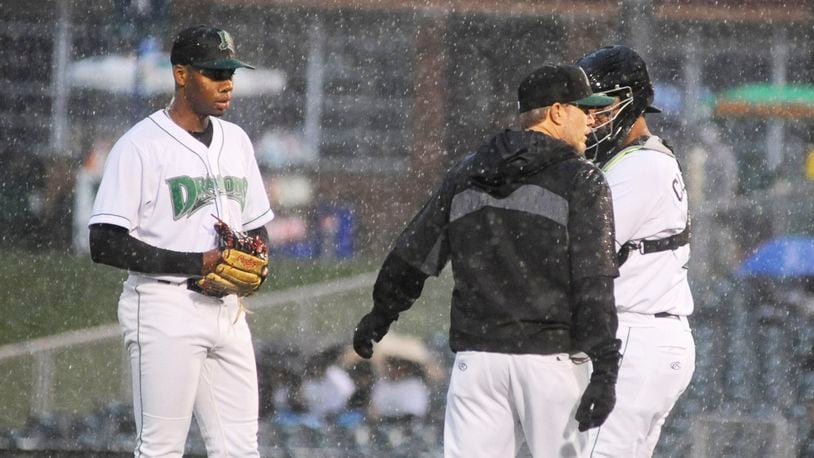 Hunter Greene (left), Dragons pitching coach Seth Etherton (middle) and catcher Hendrick Clementina meet on the mound in the third inning at Fifth Third Field (Photo: Marc Pendleton/CMG Ohio).