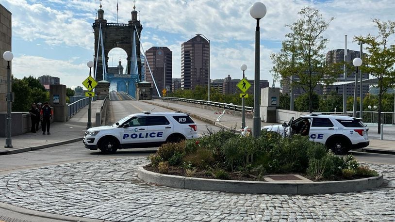 The Roebling Suspension Bridge shut down Sunday, Sept. 17, 2023 for a bomb threat. This is the second bomb threat at the bridge in one week. Photo courtesy Emily Gibney, WCPO