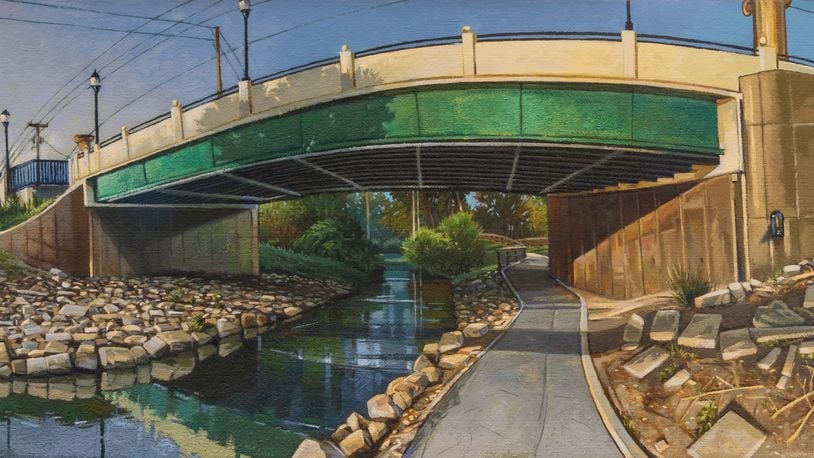 The painting "Riverwalk" by John Benton, who grew up in Springfield and now based in Chicago, depicting the area alongside Buck Creek right outside the Springfield Museum of Art, is part of his new exhibition, "Groundwork." Contributed photo