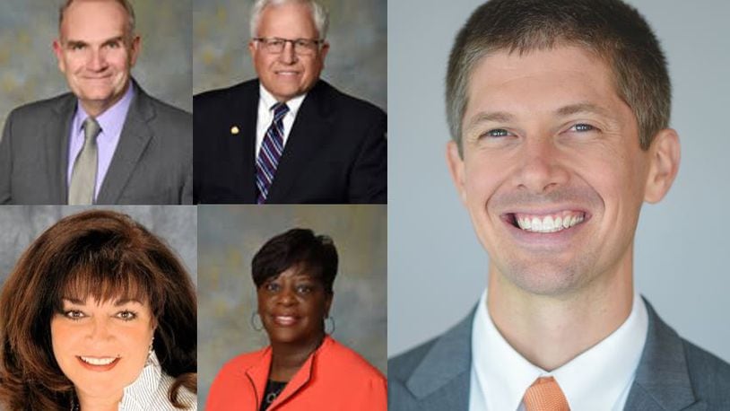 Gov. Mike DeWine appointed two new members and reappointed a member to the Clark State College Board of Trustees, and two members will retired: Brad Phillips (top left), Jim Doyle (top middle), Becka Rowland-Buckley (bottom left), Sharon Evans (bottom middle), Ben Vollrath (right).