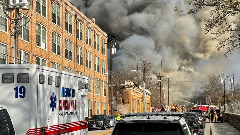 A massive fire has erupted at a warehouse in Camp Washington in Cincinnati, Ohio on March 4, 2023. Photo by: Marc Price/WCPO