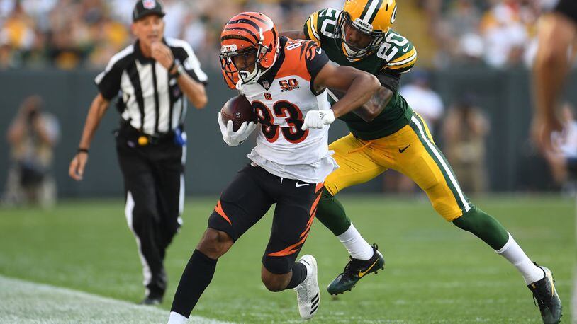 GREEN BAY, WI - SEPTEMBER 24: Tyler Boyd #83 of the Cincinnati Bengals catches a pass during the third quarter against the Green Bay Packers at Lambeau Field on September 24, 2017 in Green Bay, Wisconsin. (Photo by Stacy Revere/Getty Images)