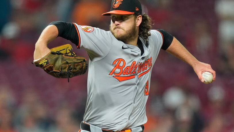 Baltimore Orioles starting pitcher Cole Irvin throws in the seventh inning of a baseball game against the Cincinnati Reds on Friday, May 3, 2024, in Cincinnati. The Orioles won 3-0. (AP Photo/Carolyn Kaster)