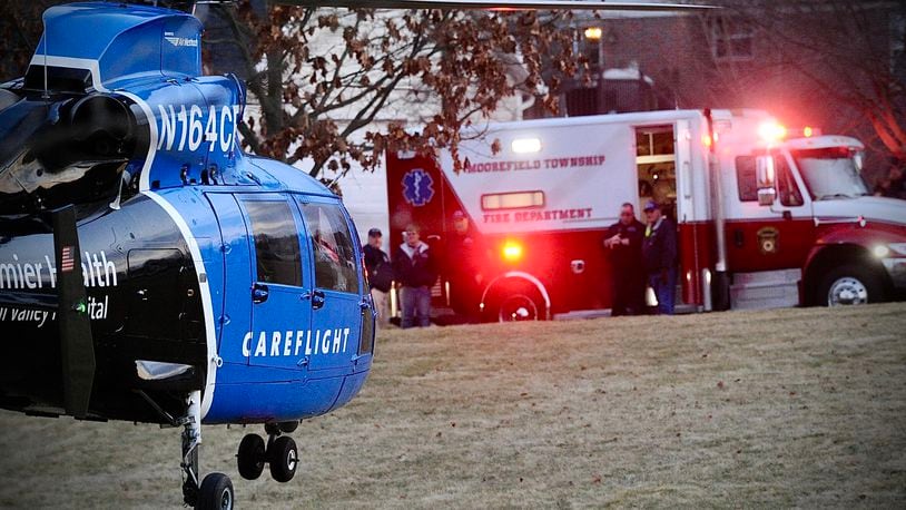 Careflight lifts off the ground in Moorefield Township after two females, were tied up and beaten at a home on Hiser Lane Tuesday Jan. 10, 2023. MARSHALL GORBY \STAFF