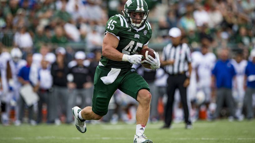 Covington grad and Ohio University redshirt junior running back A.J. Ouellette is the MAC Eastern Division offensive back of the week following a defeat of Kansas on Saturday, Sept. 16, 2017. OU PHOTO