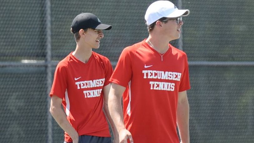 The Tecumseh doubles team of Scot Sinkhorn (left) and Christian Hunt advanced to next week’s Division I district tennis tournament. Greg Billing/CONTRIBUTED