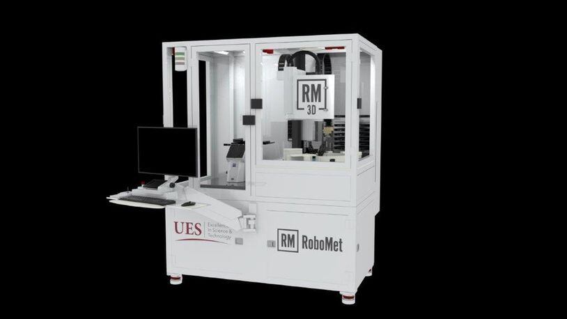 A Robo-Met materials analysis machine devised by Beavercreek-based UES Inc. The machine uses a “reverse 3-D printing” process to analyze the composition and flaws of materials. CONTRIBUTED