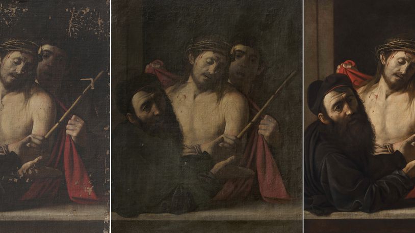 This combination of photos provided by the Prado Museum on Monday May 6, 2024 shows the restoration work on Caravaggio's "Ecce Homo". Spain's Prado Museum has confirmed that a painting that was due to be auctioned in Madrid in 2021 is in fact a work by Italian Baroque master Michelangelo Merisi da Caravaggio that was considered lost. (Prado Museum, via AP)