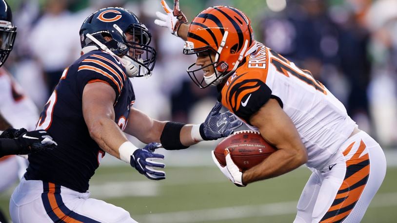 CINCINNATI, OH - AUGUST 09: Alex Erickson #12 of the Cincinnati Bengals makes a move while returning a punt in the second quarter of a preseason game against the Chicago Bears at Paul Brown Stadium on August 9, 2018 in Cincinnati, Ohio. (Photo by Joe Robbins/Getty Images)