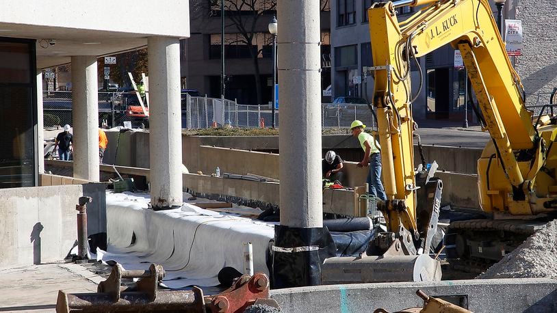 Construction on the City Hall Plaza refresh continues Thursday, Nov. 16, 2023. BILL LACKEY/STAFF