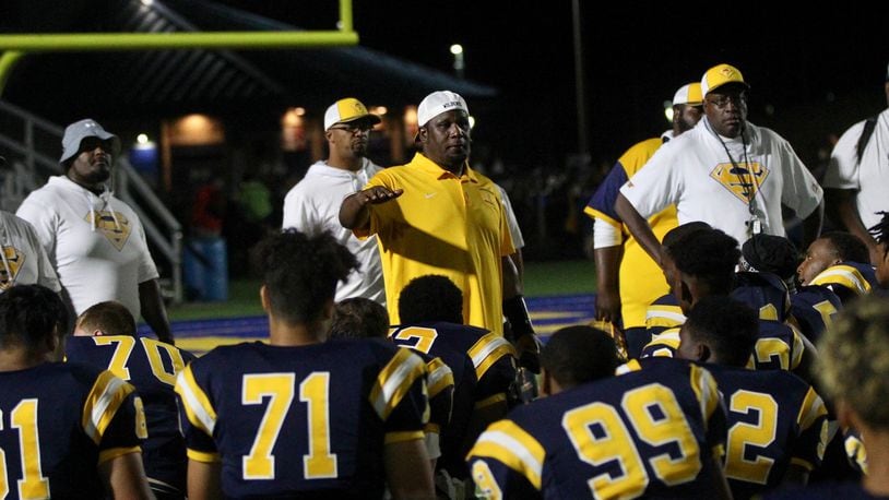 Springfield’s Maurice Douglass talks to his team after a loss to Fairfield on Friday, Sept. 6, 2019, at Springfield High School. David Jablonski/Staff