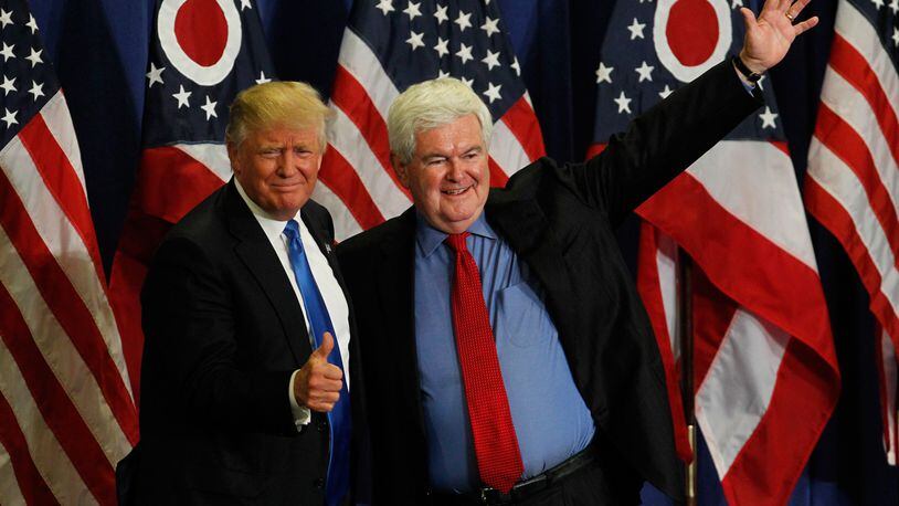 Former Speaker of the House Newt Gingrich (R) introduces Republican Presidential candidate Donald Trump during a rally at the Sharonville Convention Center July 6, 2016, in Cincinnati, Ohio. Trump is campaigning in Ohio ahead of the Republican National Convention in Cleveland next week.