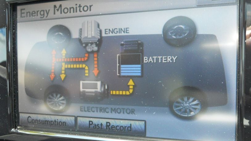 This dash display of a typical hybrid electric vehicle shows the flow of power from the gasoline engine and the electric motor to the drive wheels. Also notice that engine is also charging the high-voltage battery. James Halderman photo