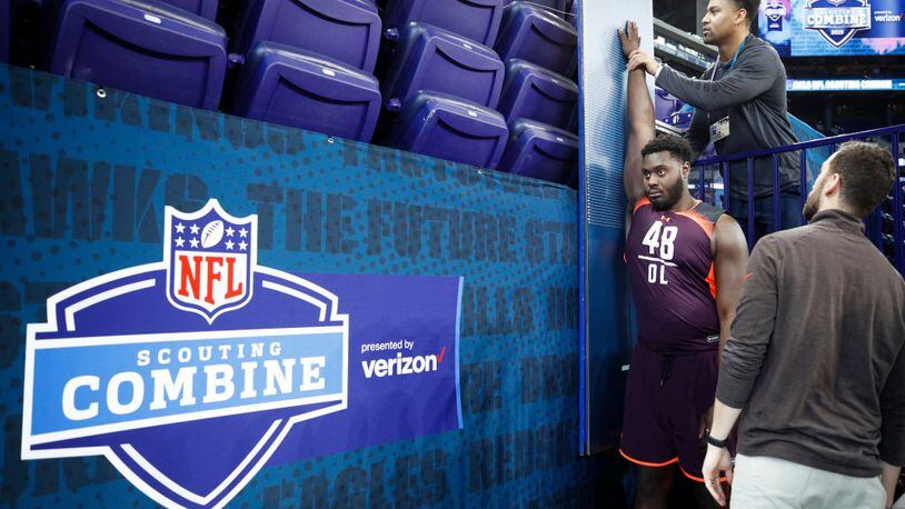 INDIANAPOLIS, IN - MARCH 01: Offensive lineman Isaiah Prince of Ohio State has measurements taken during day two of the NFL Combine at Lucas Oil Stadium on March 1, 2019 in Indianapolis, Indiana. (Photo by Joe Robbins/Getty Images)