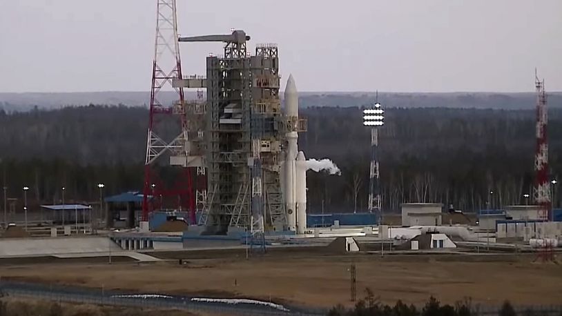 In this photo taken from video released by Roscosmos space corporation on Wednesday, April 10, 2024 an Angara-A5 rocket is seen prior to the launch at Vostochny space launch facility outside the city of Tsiolkovsky, about 200 kilometers (125 miles) from the city of Blagoveshchensk in the far eastern Amur region, Russia. The first test launch of the new Angara-A5 rocket was aborted the second day in a row just moments before the scheduled liftoff. The Angara-A5 is a new heavy-lift rocket developed in Russia. (Roscosmos space corporation via AP)