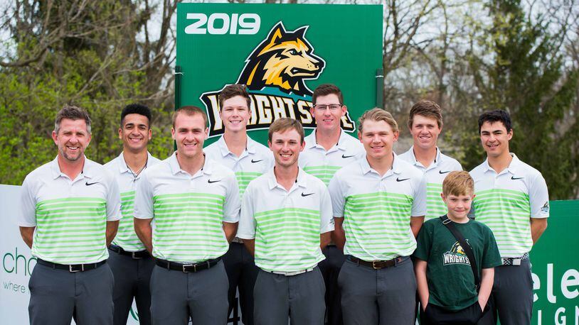 The 2018-19 Wright State men’s golf team, from left (front row): Head Coach Brian Arlinghaus, Bryce Haney, Mitch Lehigh, Cole Corder, JJ Hill. Back Row: Blake Hale, Nate Arnold, Austin Schoonmaker, Davis Root, Alec Velasco. Joseph Craven/CONTRIBUTED