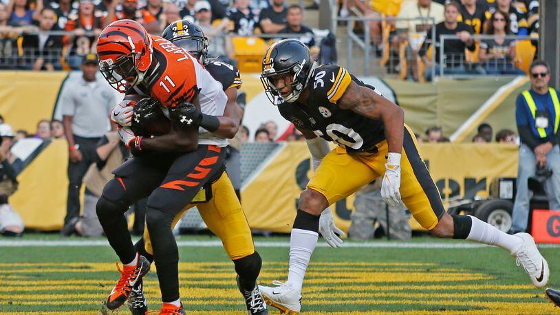 PITTSBURGH, PA - OCTOBER 22: Brandon LaFell #11 of the Cincinnati Bengals catches a pass from Andy Dalton #14 for a 6 yard touchdown reception in the first quarter during the game against the Pittsburgh Steelers at Heinz Field on October 22, 2017 in Pittsburgh, Pennsylvania. (Photo by Justin K. Aller/Getty Images)