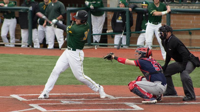 Wright State’s Gabe Snyder takes a cut against Dayton earlier this season. Allison Rodriguez/CONTRIBUTED