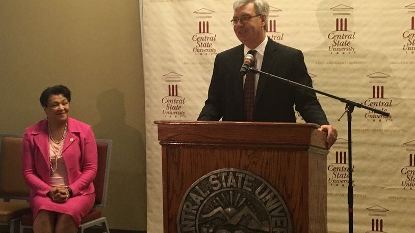 John Carey, chancellor of the Ohio Department of Higher Education, speaks at Central State University. Carey visited CSU on Thursday to announce the school had been removed from fiscal watch. CSU president Cynthia Jackson-Hammond also spoke about the university’s improved finances.