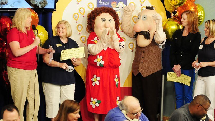 Peggy Kolonay with Max and Erma's present donations to co-host Nancy Wilson at the 31st Annual Children's Miracle Network Hospital Telethon with co-host WHIO-7 Cheryl McHenry, Mike Hartsock and Nancy Wilson on Sunday June 2, 2013.