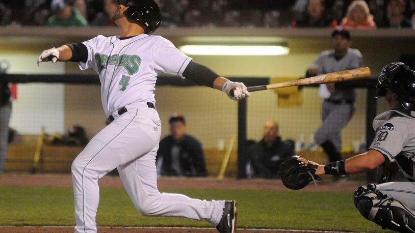 Dragons infielder John Sansone. The Dragons defeated the West Michigan Whitecaps (Tigers) 10-8 in a Class A minor-league baseball game at Dayton’s Fifth Third Field on Wednesday, April 12, 2017. MARC PENDLETON / STAFF