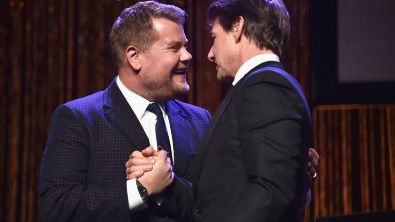 Late-night talk show host James Corden (L) and Pioneer of the Year award recipient Tom Cruise onstage during the 2018 Will Rogers Pioneer of the Year Dinner Honoring Tom Cruise at Caesars Palace during CinemaCon, the official convention of the National Association of Theatre Owners, on April 25, 2018 in Las Vegas, Nevada.