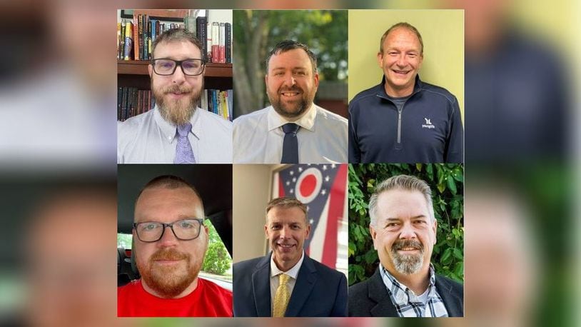 Seven people are running for Northeastern Local School District Board of Education: Jeff Caivano (top left), Christopher Chapman (top left), Jeff Collins (top right), Sam Monroe (bottom left), Kent Pollock (not picture), Chris Thompson (bottom middle), Jeff Yinger (bottom right), and Kent Pollock (not pictured).