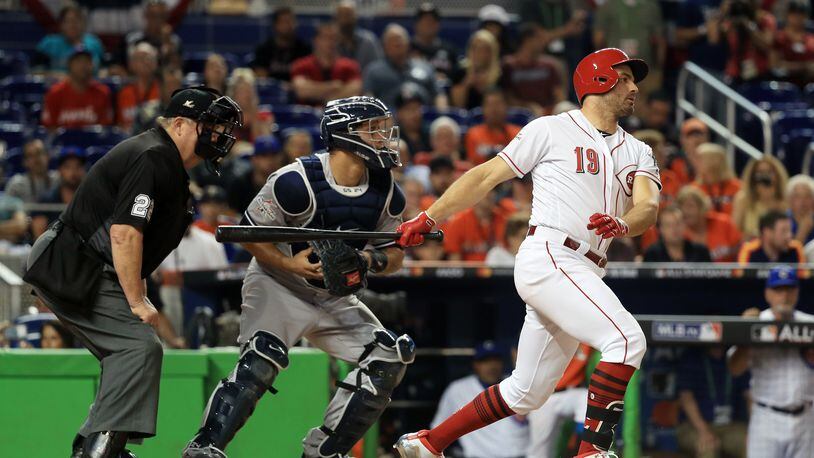 Reds first baseman Joey Votto swings at a pitch during the 88th MLB All-Star Game at Marlins Park on Tuesday night.