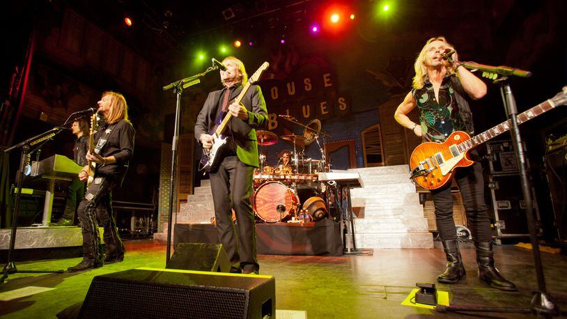 (L-R) Keyboardist Lawrence Gowan, bassist Ricky Phillips, guitarist/vocalist James Young, drummer Todd Sucherman and guitarist/vocalist Tommy Shaw of Styx performs at the House of Blues on January 13, 2012 in New Orleans, Louisiana.
