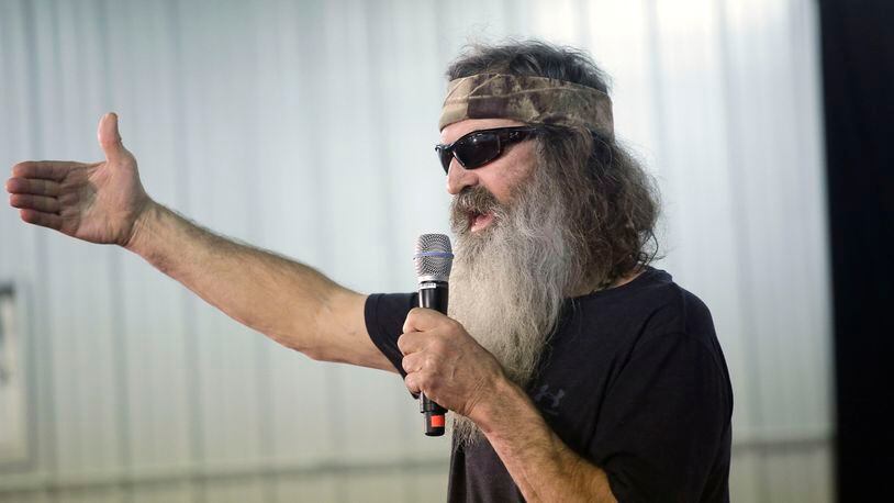 IOWA CITY, IA - JANUARY 31 : Duck Dynasty's Phil Robertson speaks about Republican presidential candidate Ted Cruz during a campaign event at the Johnson County Fairgrounds January 31, 2016 inIowa City, Iowa. Cruz is campaigning across the state on the eve of the Iowa caucuses. (Photo by Joshua Lott/Getty Images)