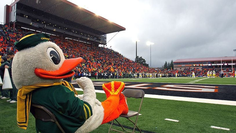 CORVALLIS, OR - NOVEMBER 24: Puddles the mascot watches the game against the Oregon Ducks of the Oregon State Beavers during the 116th Civil War on November 24, 2012 at the Reser Stadium in Corvallis, Oregon. (Photo by Jonathan Ferrey/Getty Images)
