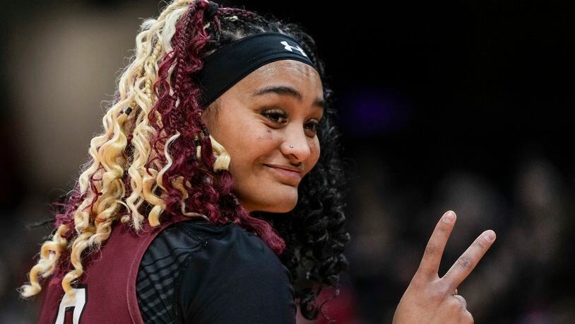 South Carolina's Te-Hina Paopao gestures to fans during practice for the NCAA Women's Final Four championship basketball game Saturday, April 6, 2024, in Cleveland. (AP Photo/Morry Gash)