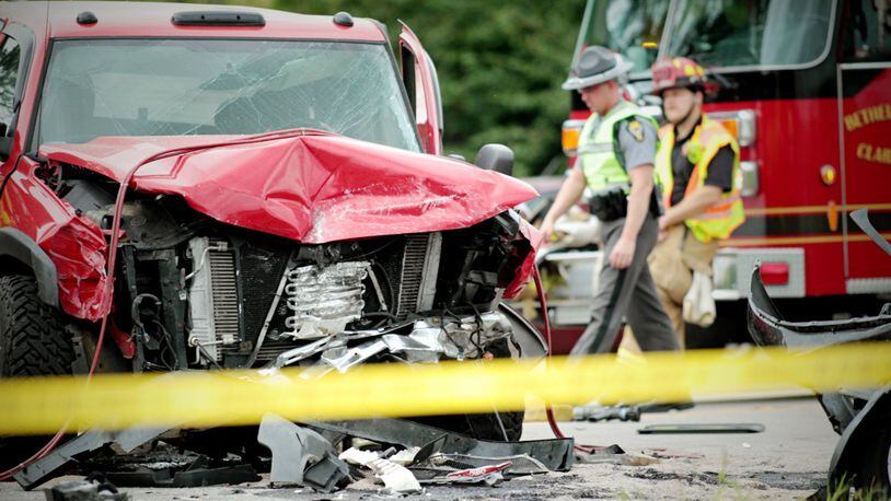 One person was killed in a crash in the 10,000 block of West National Road, Bethel Twp., Clark County on Wednesday, Sept. 9, 2015. (Jim Noelker/Staff)