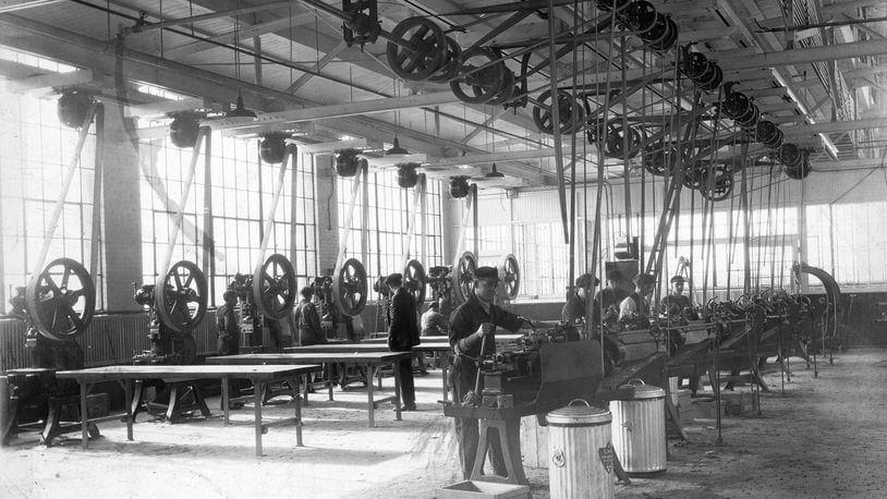 William Whiteley built his agricultural empire with the Champion reaper and even after his empire collapsed in the late 1880s, the production of the reapers continued at the factory of Warder, Bushnell, and Glessner on Lagonda. Lathe operators are shown here working at the plant in 1899, where they produced reapers and mowers. PHOTO COURTESY OF THE CLARK COUNTY HISTORICAL SOCIETY