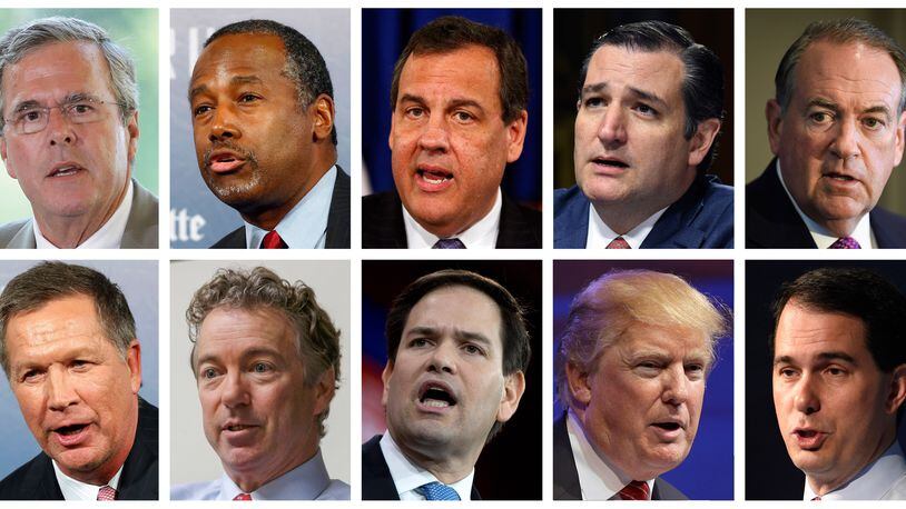 This combination of photos, from top left, shows Republican presidential candidates Jeb Bush, Ben Carson, Chris Christie, Ted Cruz, Mike Huckabee and from bottom left, John Kasich, Rand Paul, Marco Rubio, Donald Trump and Scott Walker. The candidates are scheduled to participate in a Fox News Channel Republican presidential debate on Thursday, Aug. 6, 2015. (AP Photos/File)