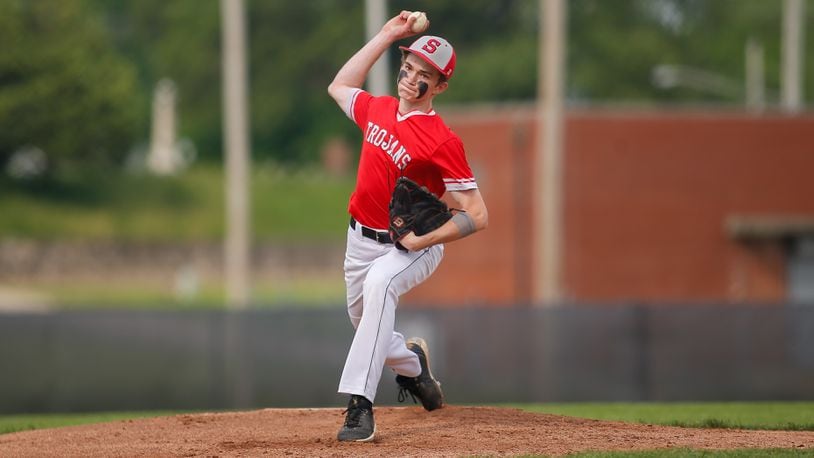 Southeastern High School senior pitcher Sam Smith motions towards the plate during a Division IV district semifinal game against Troy Christian on Monday, Monday, May 23, 2022, at Troy High School's Market Street Field. The Trojans won 3-0. Contributed photo by Michael Cooper