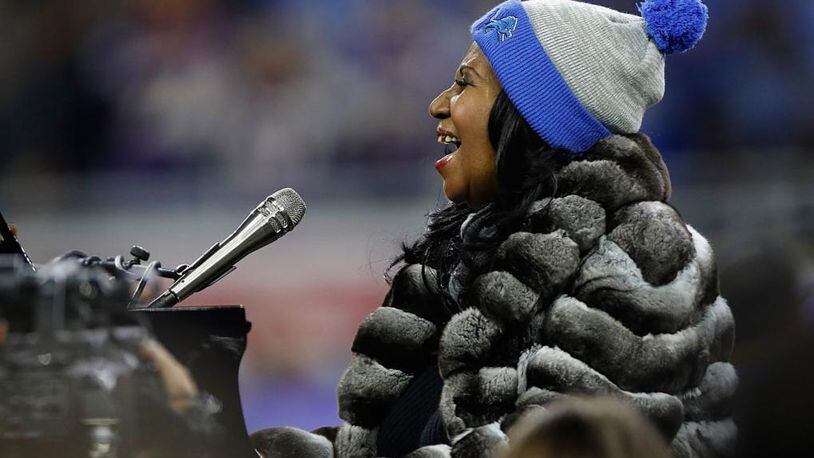 DETROIT.MI - NOVEMBER 24: Detroit native Aretha Franklin sings the National Anthem prior to the start of the Detroit Lions and the Minnesota Vikings game at Ford Field on November 24, 2016 in Detroit, Michigan.  (Photo by Gregory Shamus/Getty Images)