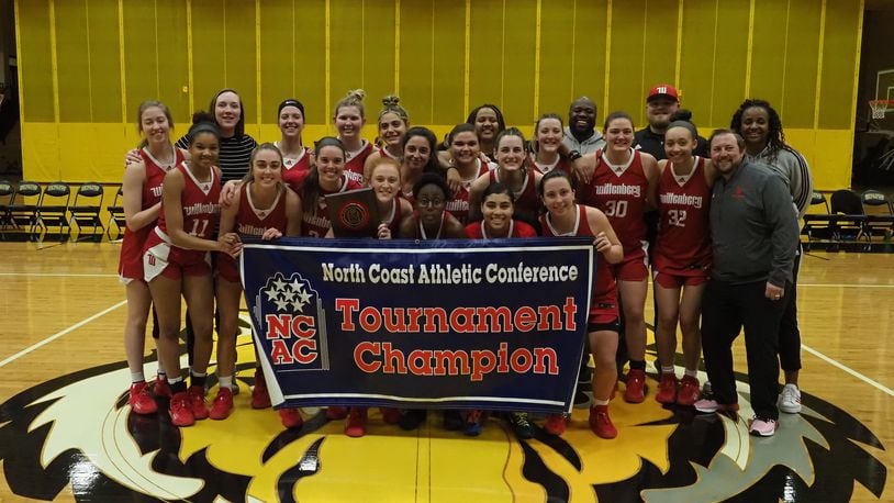 Wittenberg celebrates after winning the NCAC women's basketball championship on Saturday, Feb. 26, 2022, in Greencastle, Ind. Photo courtesy of Wittenberg