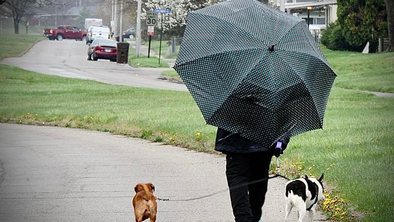 You can expect a lot of dog gone rain Wednesday April 13, 2022. Keep your umbrella handy like this lady in Trotwood walking her dogs on Brumbaugh Boulevard. MARSHALL GORBY \STAFF