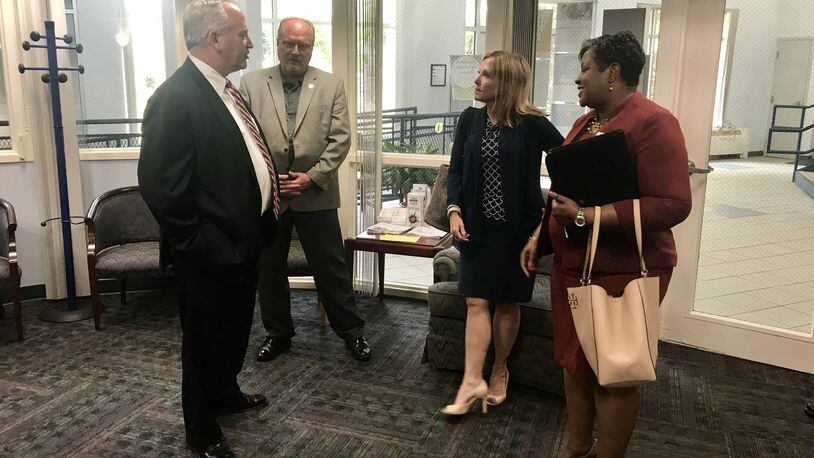 Ohio Auditor of State Keith Faber visited Clark State Community College to discuss college affordability with Clark State President Jo Alice Blondin and other staff members.