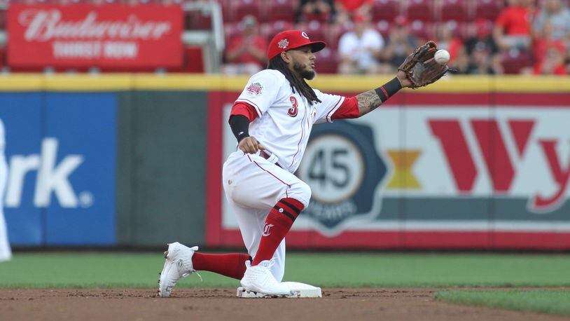 Reds second baseman Freddy Galvis warms up before a game against the Cardinals on Thursday, Aug. 15, 2019, at Great American Ball Park in Cincinnati. David Jablonski/Staff