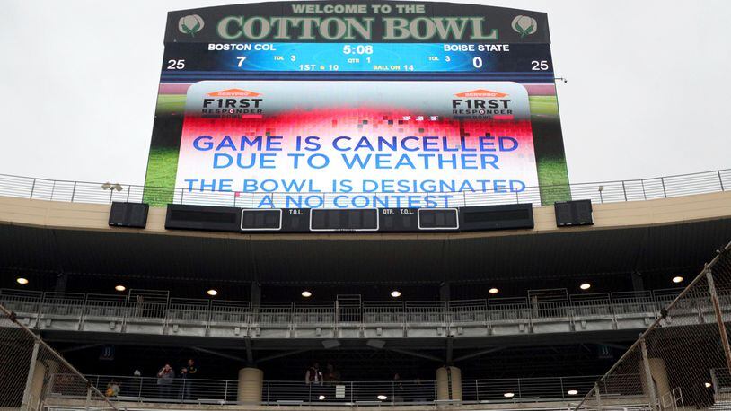 The First Responder Bowl between Boston College and Boise State was canceled due to weather and was designated a "no contest" after multiple lighting delays.